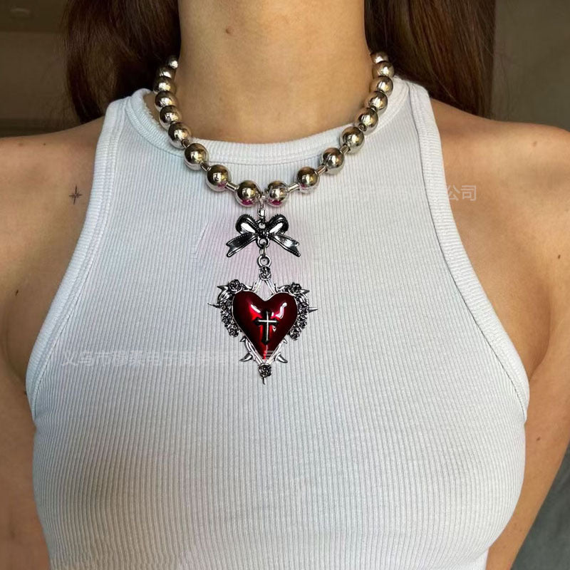 Wholesale Retro dark gothic punk red and black love bow cross metal necklace
